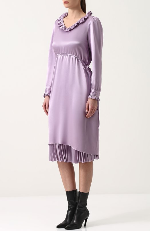 Однотонное шелковое платье-миди с оборками Balenciaga 