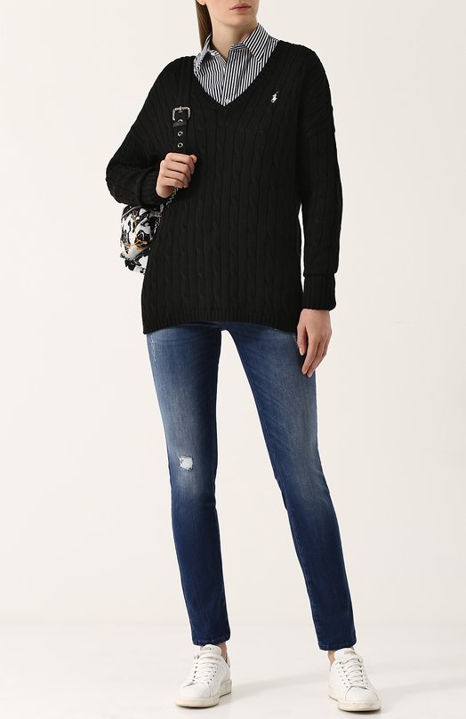 Хлопковый пуловер фактурной вязки с V-образным вырезом Polo Ralph Lauren 