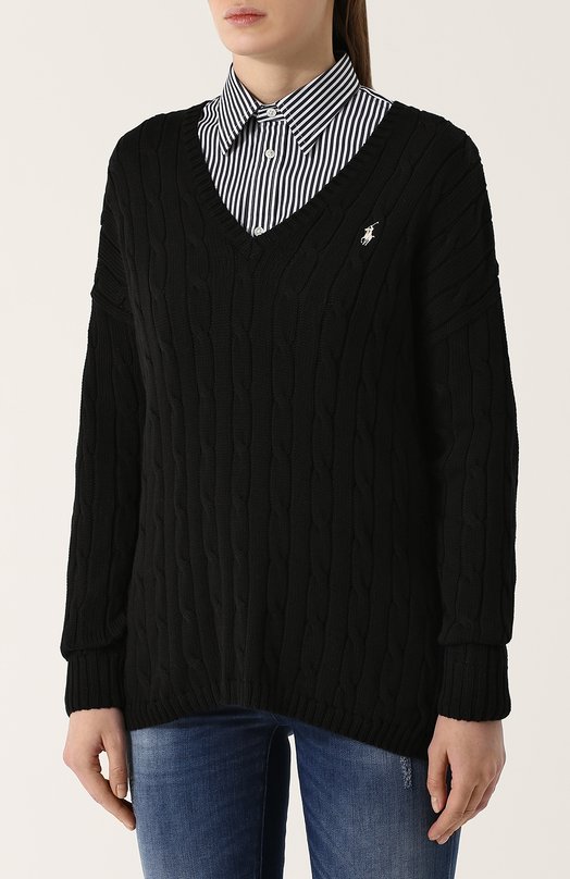 Хлопковый пуловер фактурной вязки с V-образным вырезом Polo Ralph Lauren 