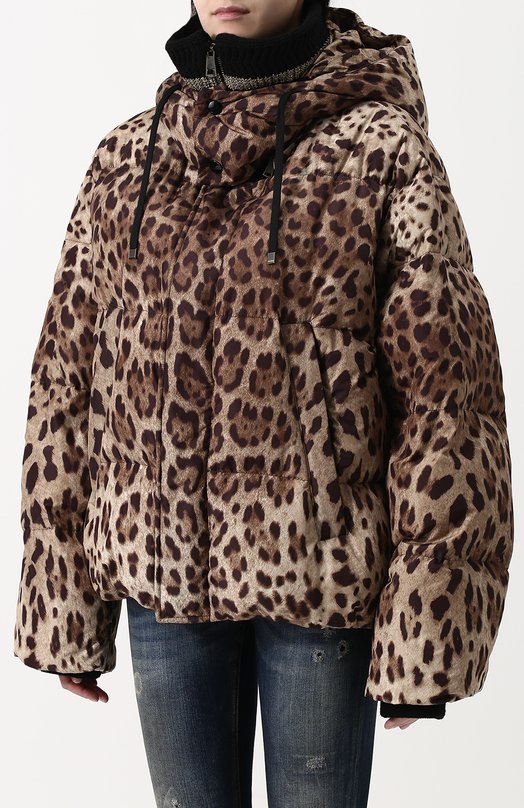 Стеганый пуховик свободного кроя с леопардовым принтом и капюшоном Dolce&Gabbana 