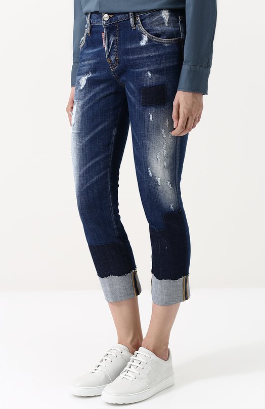 Укороченные джинсы-скинни с потертостями и отворотами Dsquared2 