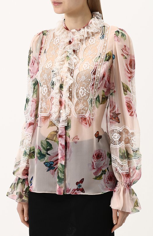 Шелковая блуза с кружевными вставками и цветочным принтом Dolce&Gabbana 