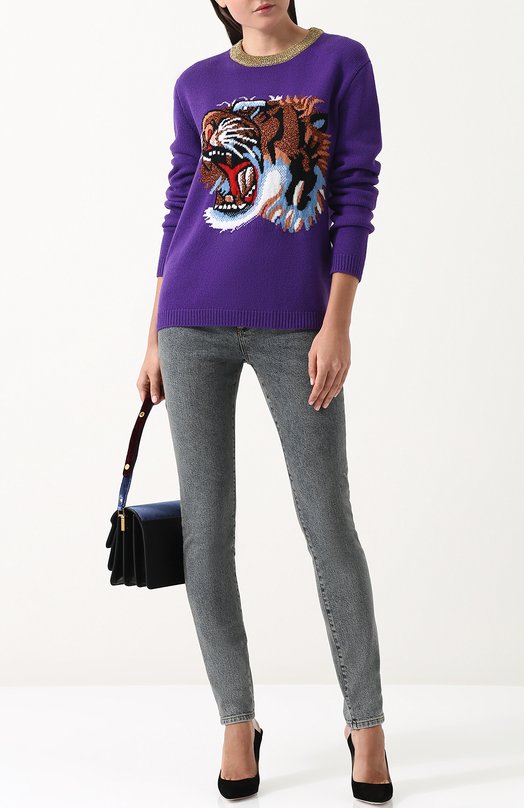 Шерстяной пуловер с круглым вырезом и вышивкой Gucci 