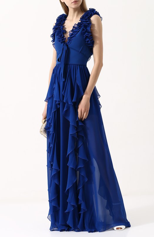 Приталенное шелковое платье-макси с оборками Elie Saab 