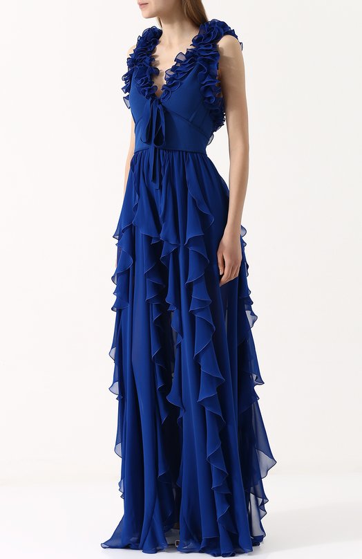 Приталенное шелковое платье-макси с оборками Elie Saab 