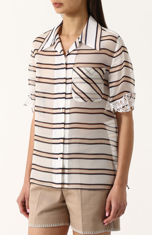Шелковая блуза в полоску с укороченным рукавом Fendi 