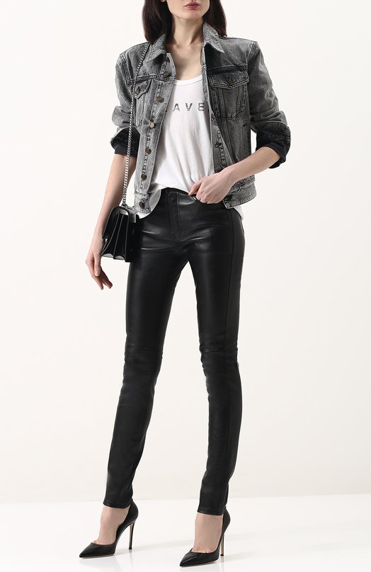 Однотонные кожаные брюки-скинни Yves Saint Laurent 