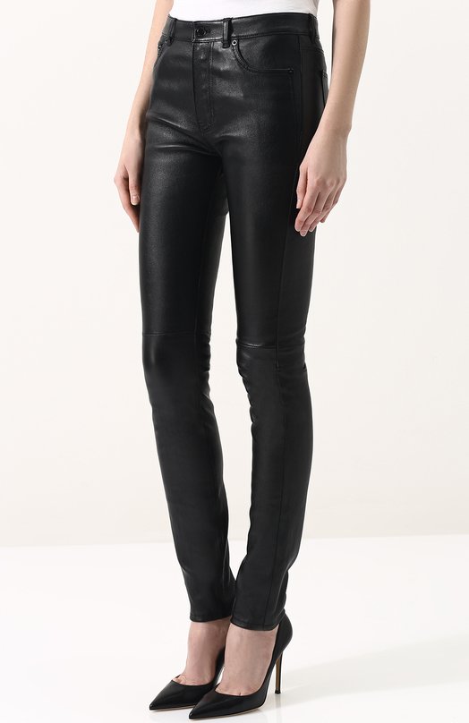 Однотонные кожаные брюки-скинни Yves Saint Laurent 