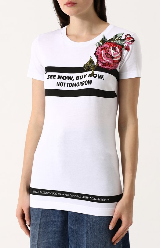Приталенная хлопковая футболка с вышивкой Dolce&Gabbana 