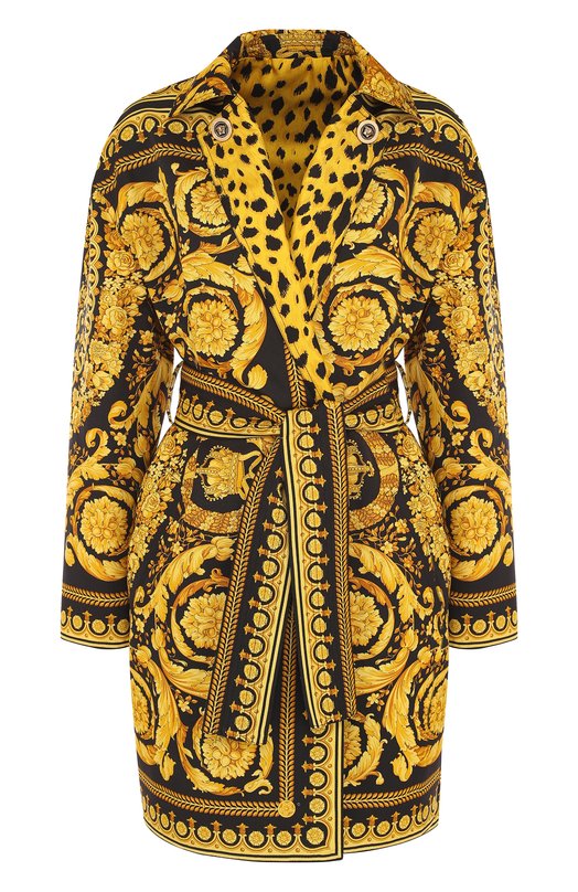 Пальто из смеси хлопка и шелка с принтом и поясом Versace 