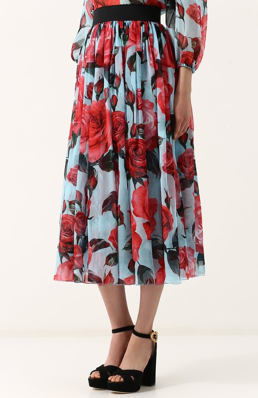 Шелковая юбка-миди с эластичным поясом и принтом Dolce&Gabbana 