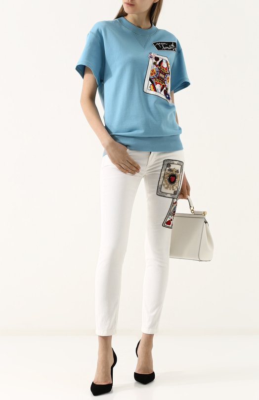 Укороченные джинсы-скинни с контрастной вышивкой Dolce&Gabbana 