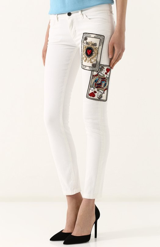 Укороченные джинсы-скинни с контрастной вышивкой Dolce&Gabbana 