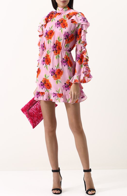 Шелковое мини-платье с цветочным принтом и оборками MSGM 