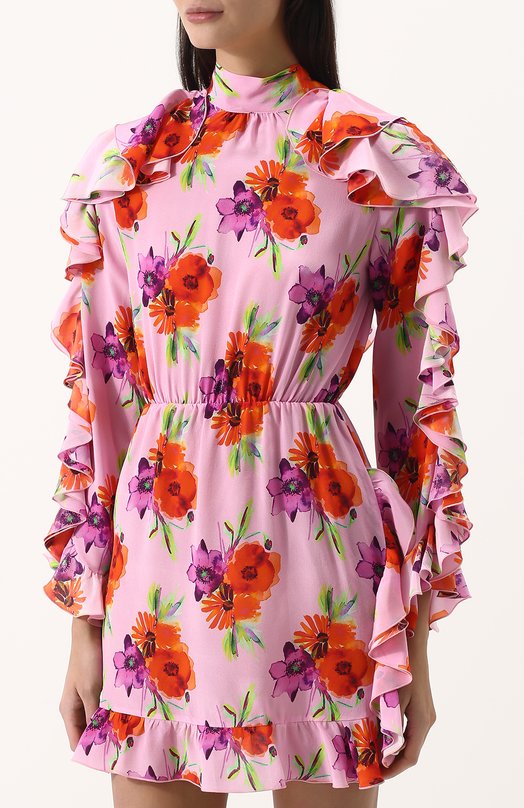Шелковое мини-платье с цветочным принтом и оборками MSGM 