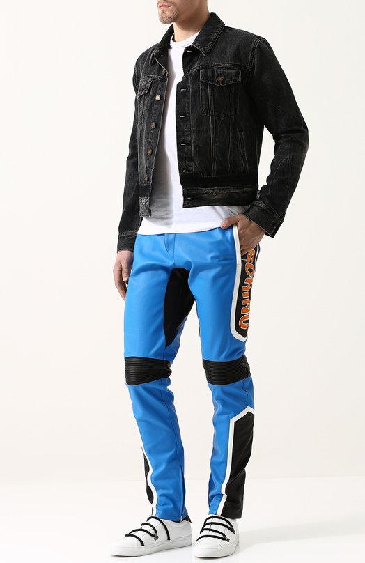 Кожаные брюки прямого кроя с контрастной отделкой Love Moschino 