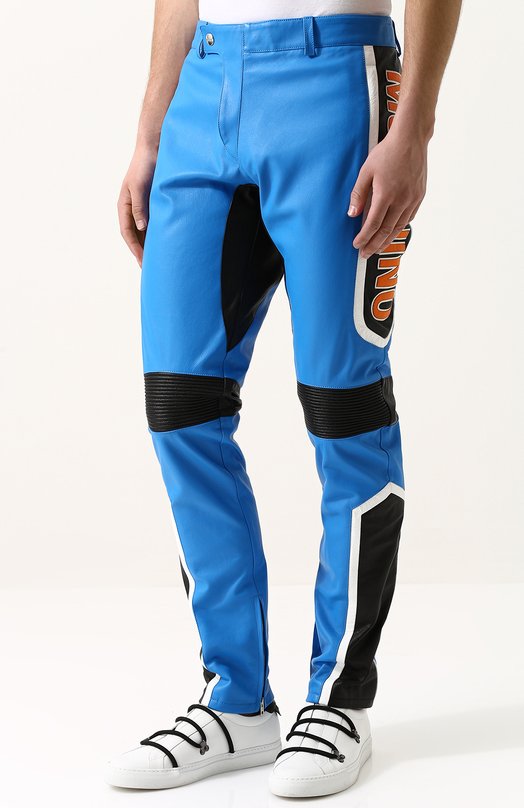 Кожаные брюки прямого кроя с контрастной отделкой Love Moschino 