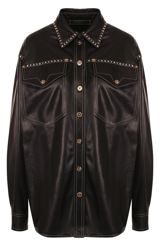 Кожаная блуза свободного кроя с накладными карманами Versace 