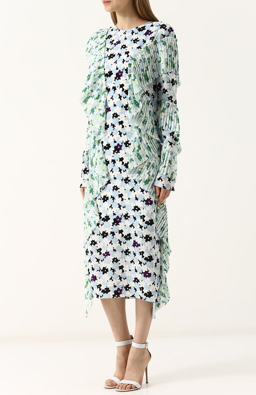 Платье-миди с цветочным принтом и плиссированными оборками Kenzo 