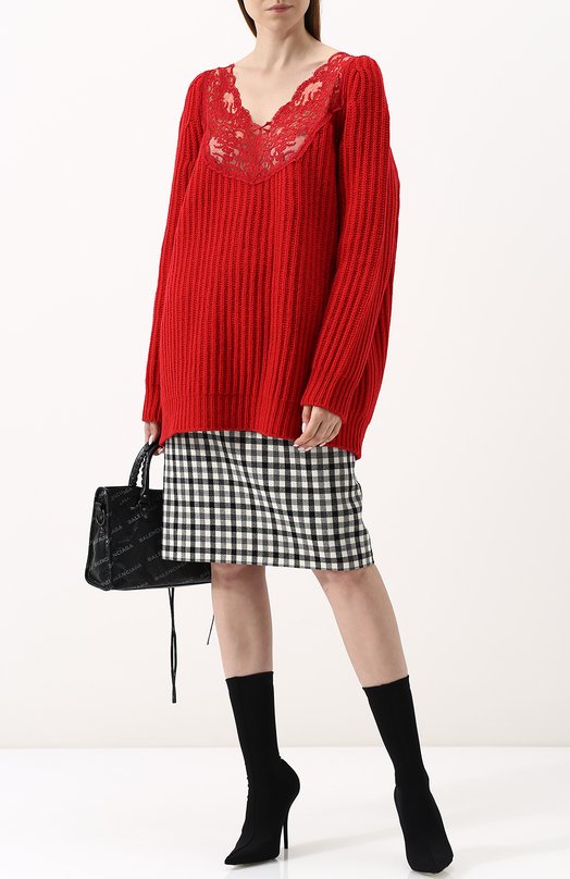 Шерстяной пуловер свободного кроя с кружевной вставкой Balenciaga 