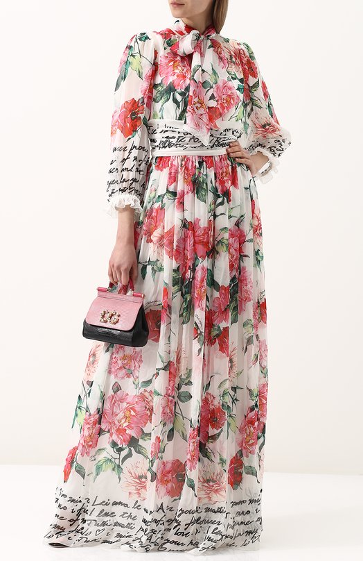 Шелковое платье-макси с воротником аскот и принтом Dolce&Gabbana 