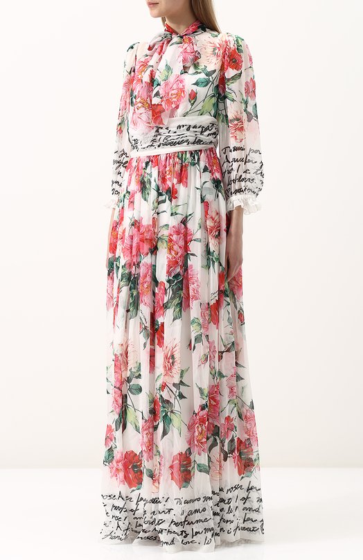 Шелковое платье-макси с воротником аскот и принтом Dolce&Gabbana 