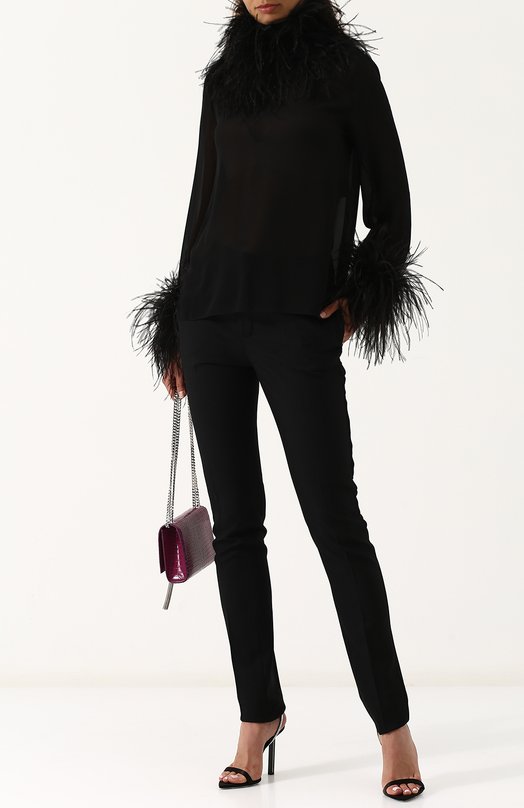 Шелковая полупрозрачная блуза с перьевой отделкой Yves Saint Laurent 