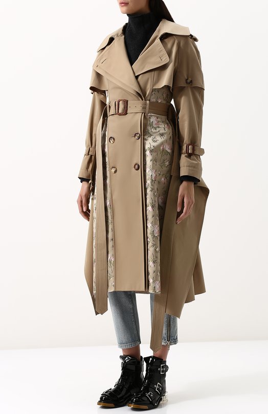 Хлопковое пальто асимметричного кроя с поясом и контрастной отделкой Alexander McQueen 
