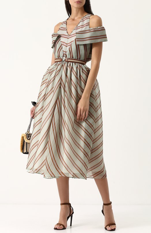 Шелковое платье-миди с поясом в полоску Fendi 