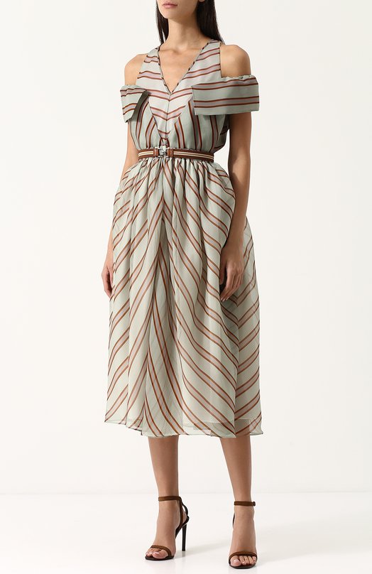 Шелковое платье-миди с поясом в полоску Fendi 