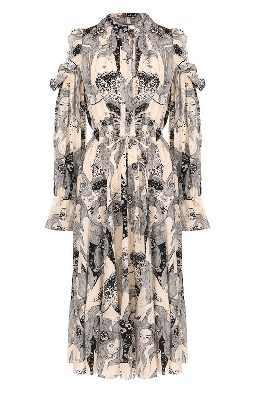 Шелковое платье-миди с оборками и принтом Alexander McQueen 