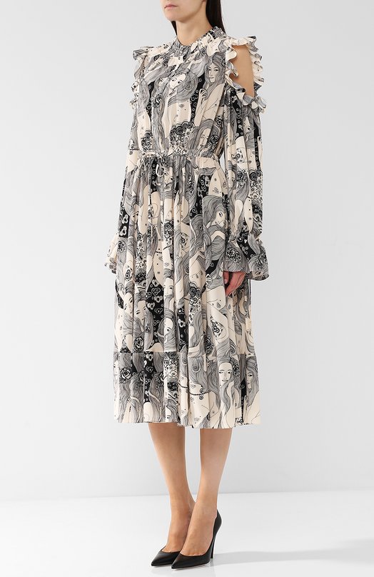 Шелковое платье-миди с оборками и принтом Alexander McQueen 