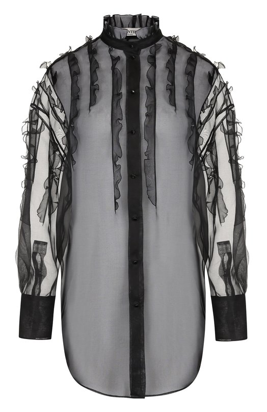Полупрозрачная шелковая блуза с оборками и воротником-стойкой Valentino 