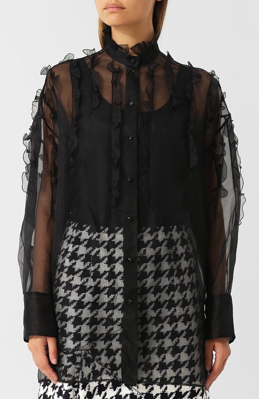 Полупрозрачная шелковая блуза с оборками и воротником-стойкой Valentino 