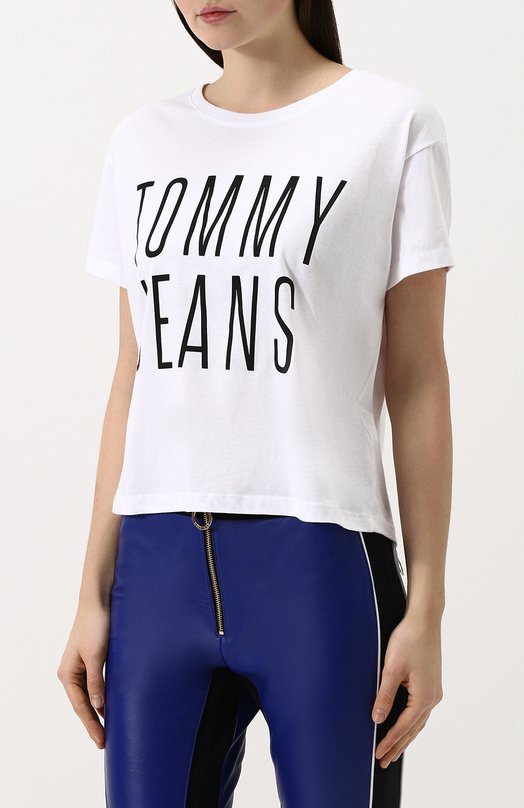 Укороченная хлопковая футболка с логотипом бренда Tommy Hilfiger 