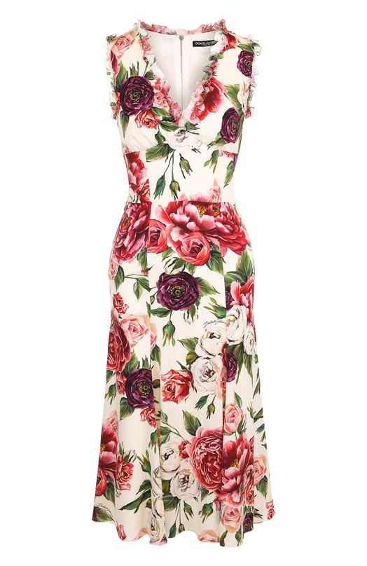Приталенное шелковое платье с V-образным вырезом и принтом Dolce&Gabbana 