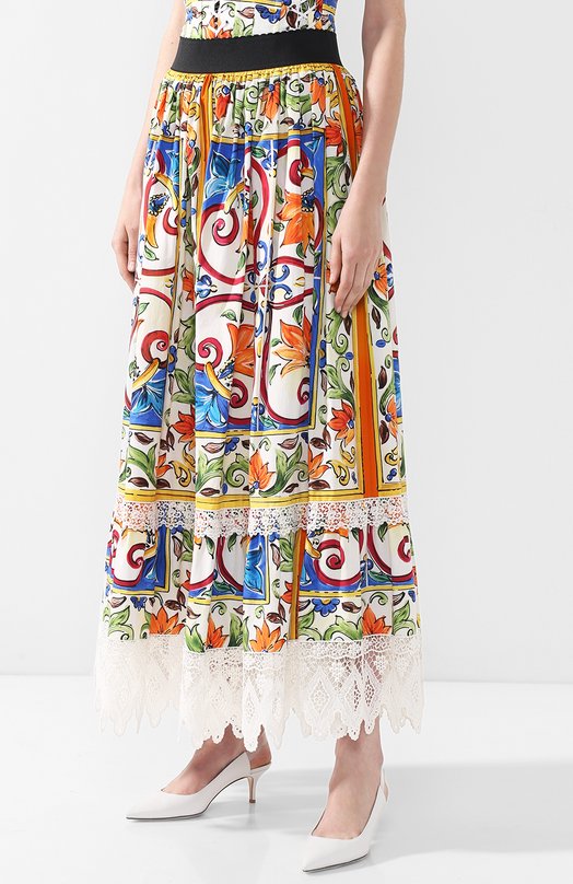 Хлопковая юбка-миди с кружевной отделкой и принтом Dolce&Gabbana 