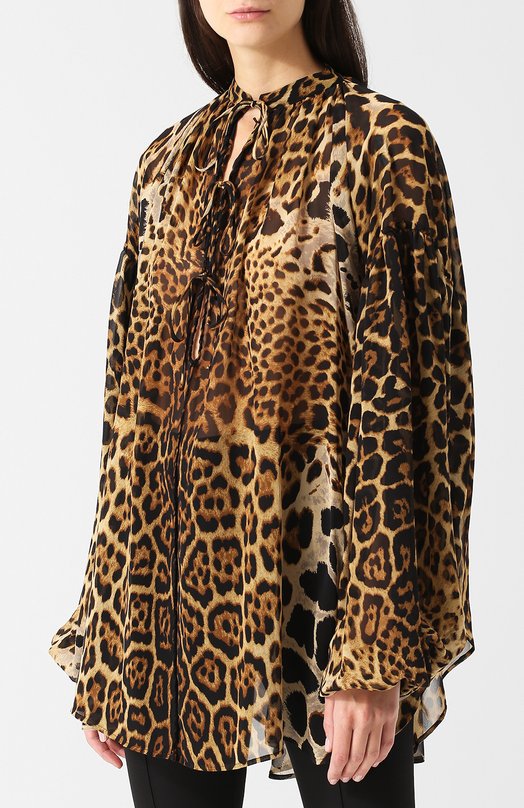 Шелковая блуза свободного кроя с леопардовым принтом Yves Saint Laurent 