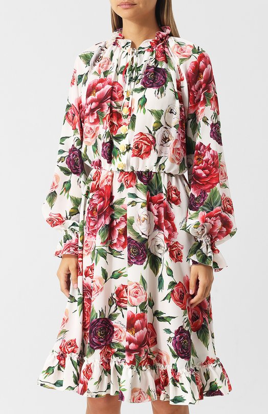 Шелковое платье с воротником-стойкой и принтом Dolce&Gabbana 