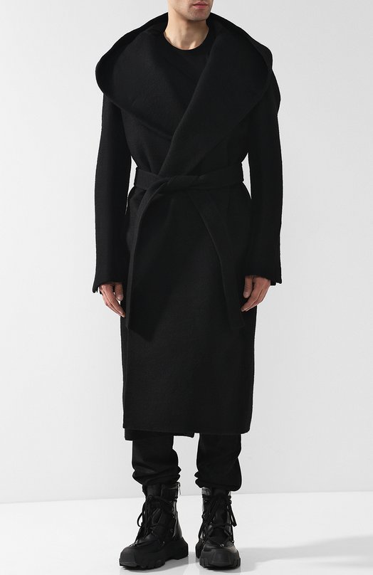 Удлиненное шерстяное пальто с поясом и капюшоном Rick Owens 