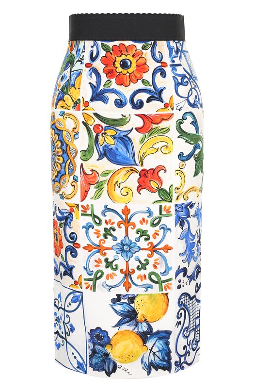 Шелковая юбка-карандаш с контрастным поясом и принтом Dolce&Gabbana 