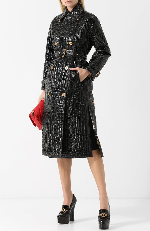 Двубортное пальто с поясом и декоративными пуговицами Versace 