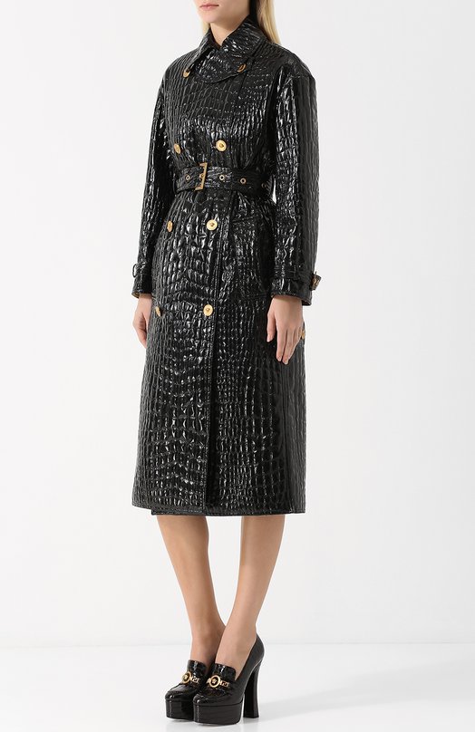 Двубортное пальто с поясом и декоративными пуговицами Versace 