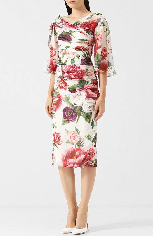 Шелковое платье-миди с драпировкой и принтом Dolce&Gabbana 