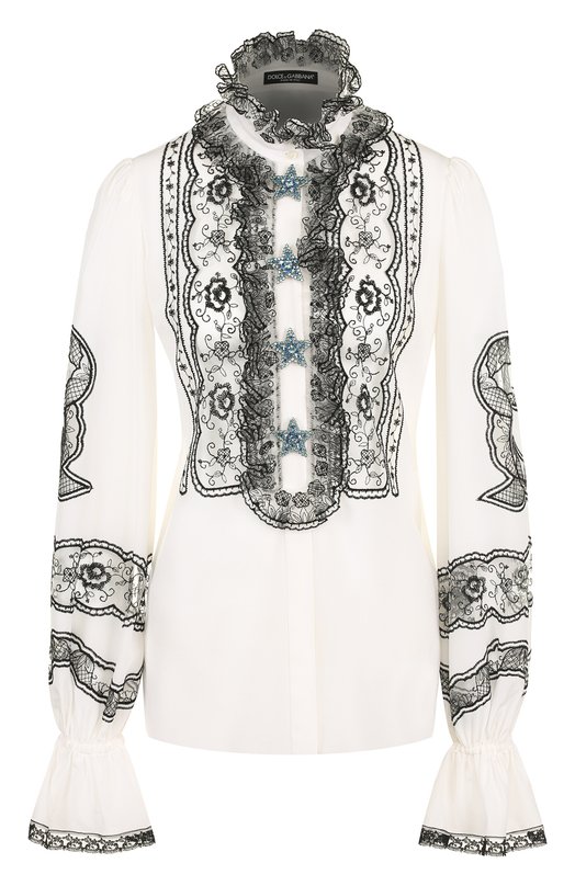 Шелковая блуза с кружевной отделкой и воротником-стойкой Dolce&Gabbana 
