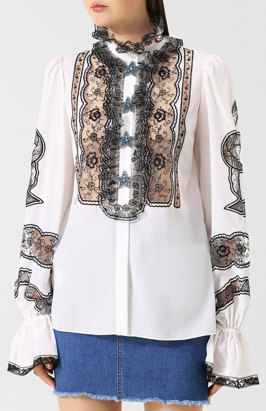 Шелковая блуза с кружевной отделкой и воротником-стойкой Dolce&Gabbana 