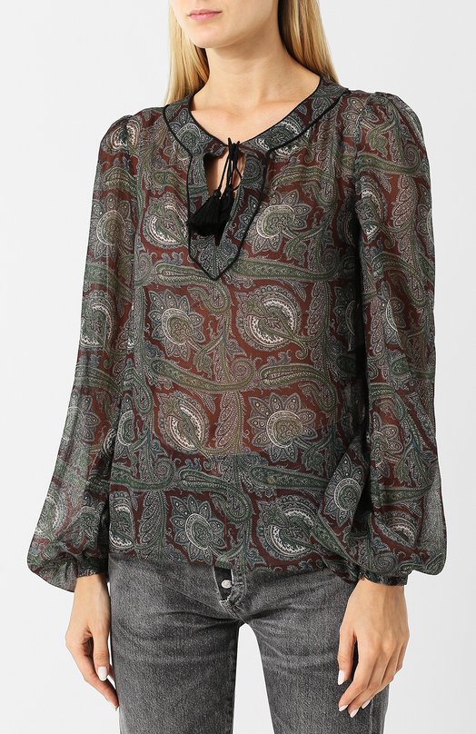 Шерстяная блуза с объемными рукавами и принтом Yves Saint Laurent 