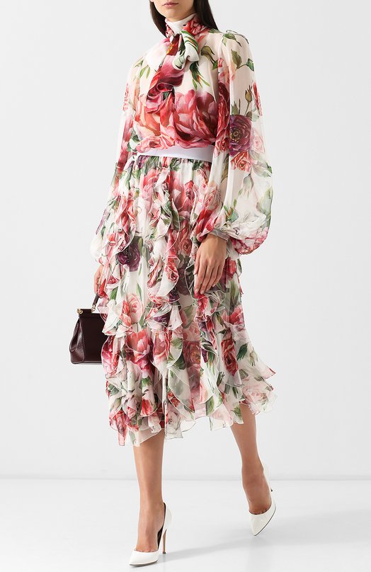 Шелковая юбка-миди с оборками и принтом Dolce&Gabbana 