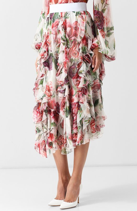 Шелковая юбка-миди с оборками и принтом Dolce&Gabbana 