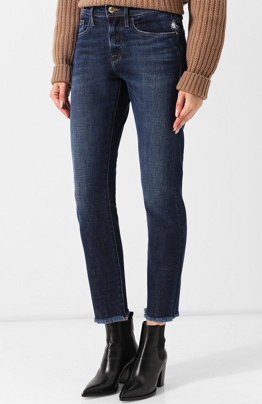 Укороченные джинсы с потертостями и бахромой FRAME DENIM 